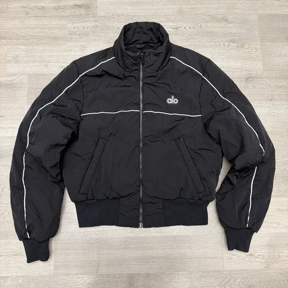 Alo Yoga Drop Top Jacket Womens M Black Cropped Puffer Bomber Reflective